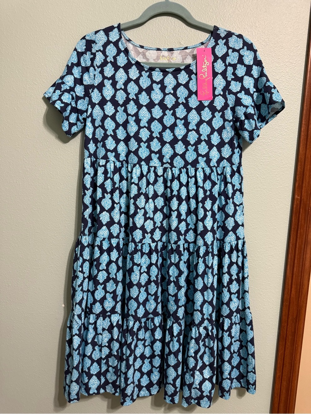 Lilly Pulitzer Navy Blue Tiered Dress with Light Blue Floral Print XS